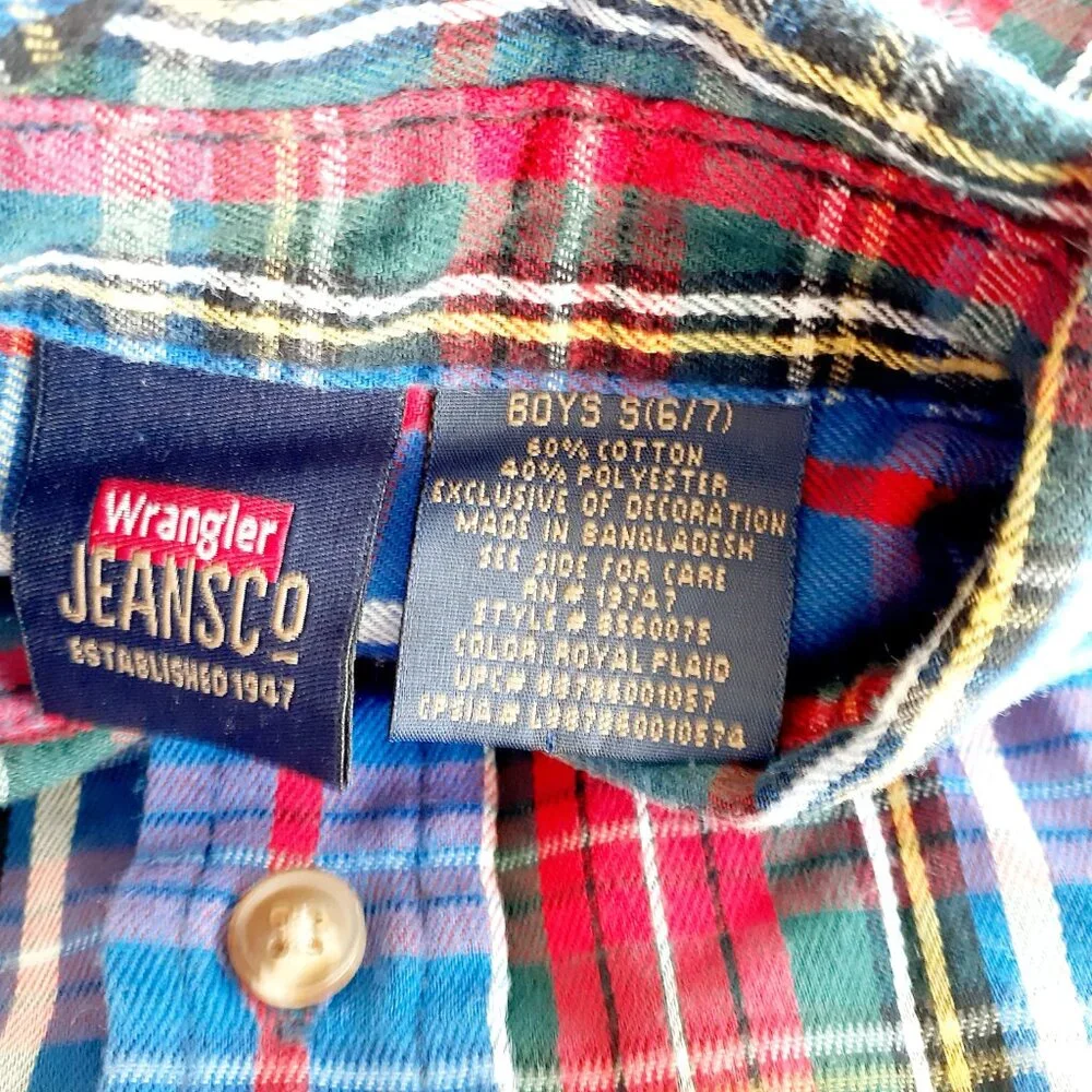 Wrangler Boys Shirt Button Down Blue Red Green Long Sleeve Plaid 6-7